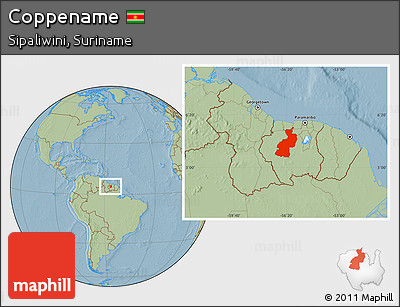 Savanna Style Location Map of Coppename, hill shading