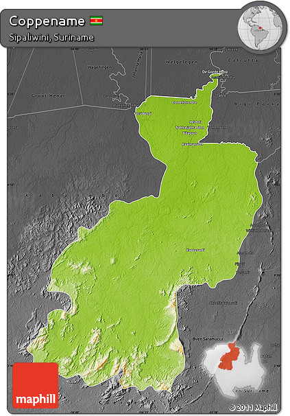 Physical Map of Coppename, darken, desaturated
