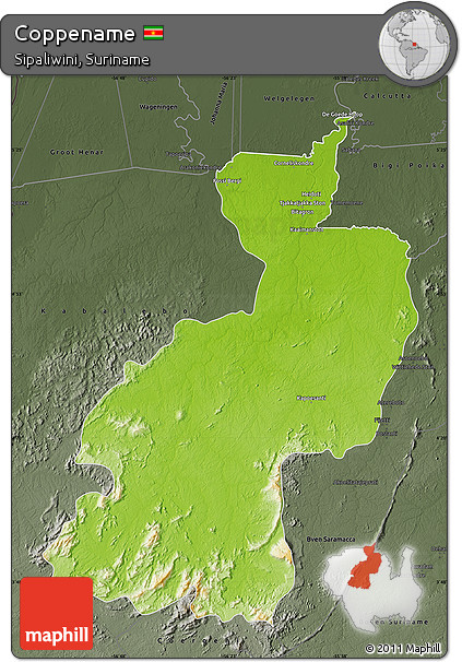 Physical Map of Coppename, darken, semi-desaturated