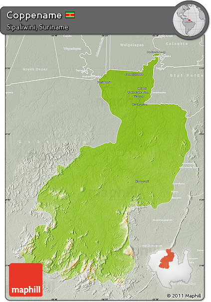 Physical Map of Coppename, lighten, semi-desaturated