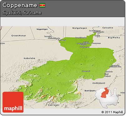Physical Panoramic Map of Coppename, shaded relief outside