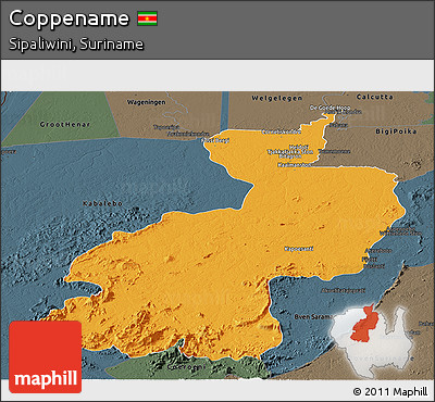 Political Panoramic Map of Coppename, darken, semi-desaturated