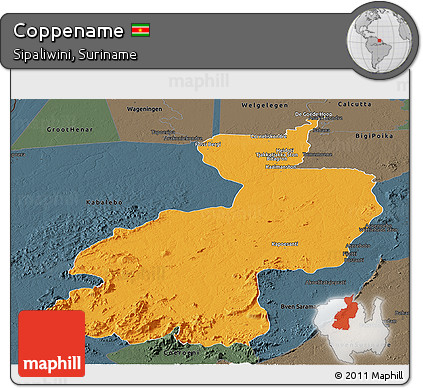 Political Panoramic Map of Coppename, darken, semi-desaturated