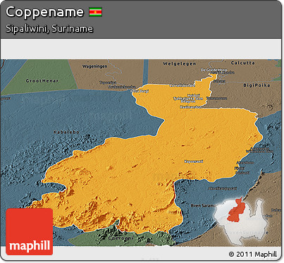 Political Panoramic Map of Coppename, darken, semi-desaturated