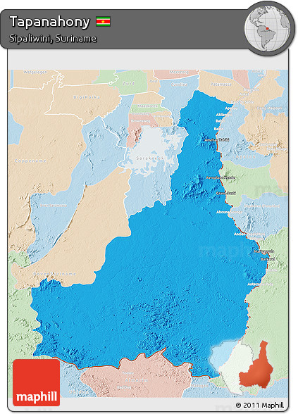 Political 3D Map of Tapanahony, lighten