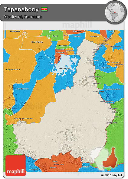 Shaded Relief 3D Map of Tapanahony, political outside