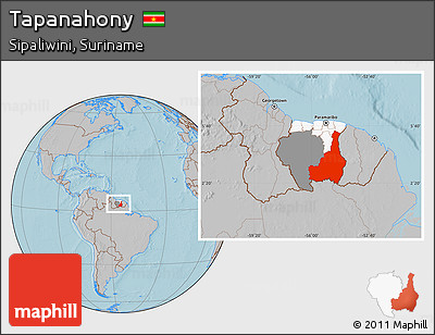 Gray Location Map of Tapanahony, highlighted country, highlighted parent region, within the entire country, hill shading