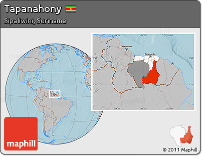 Gray Location Map of Tapanahony, highlighted country, highlighted parent region, within the entire country, hill shading