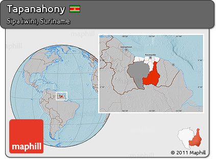 Gray Location Map of Tapanahony, highlighted country, highlighted parent region, hill shading