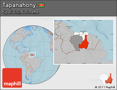 Gray Location Map of Tapanahony, highlighted country, highlighted parent region, hill shading