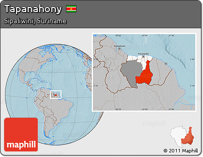Gray Location Map of Tapanahony, highlighted country, highlighted parent region, hill shading