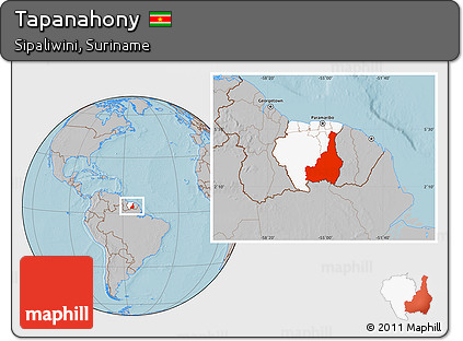 Gray Location Map of Tapanahony, highlighted country, hill shading
