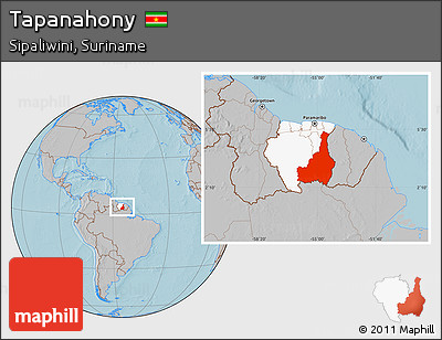 Gray Location Map of Tapanahony, highlighted country, hill shading