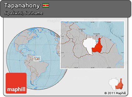 Gray Location Map of Tapanahony, highlighted parent region, within the entire country, hill shading