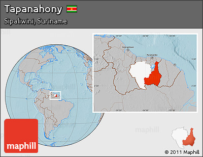 Gray Location Map of Tapanahony, highlighted parent region, within the entire country, hill shading