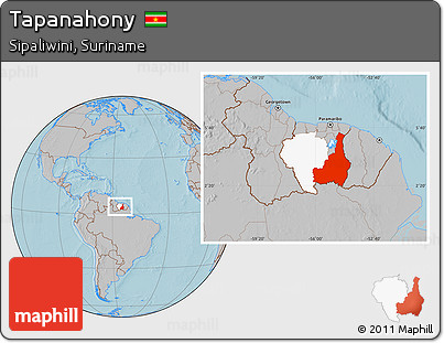 Gray Location Map of Tapanahony, highlighted parent region, within the entire country, hill shading