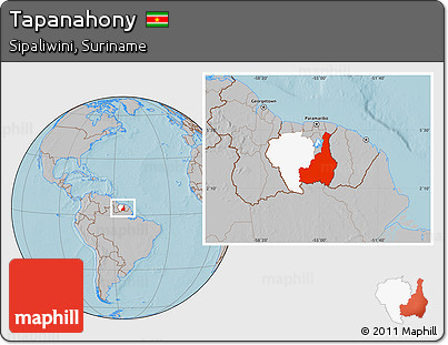 Gray Location Map of Tapanahony, highlighted parent region, hill shading