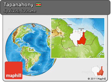 Physical Location Map of Tapanahony, highlighted country, within the entire country