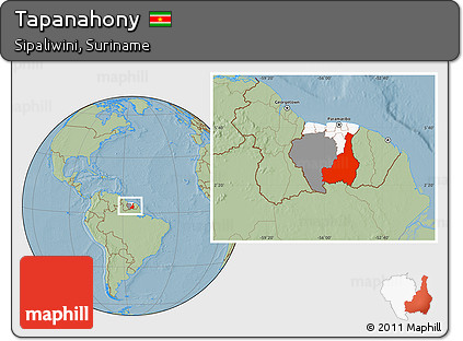 Savanna Style Location Map of Tapanahony, highlighted country, highlighted parent region, within the entire country, hill shading