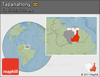 Savanna Style Location Map of Tapanahony, highlighted country, highlighted parent region, within the entire country, hill shading