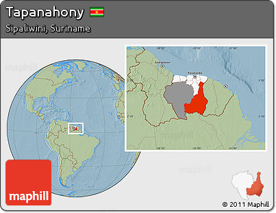 Savanna Style Location Map of Tapanahony, highlighted country, highlighted parent region, hill shading