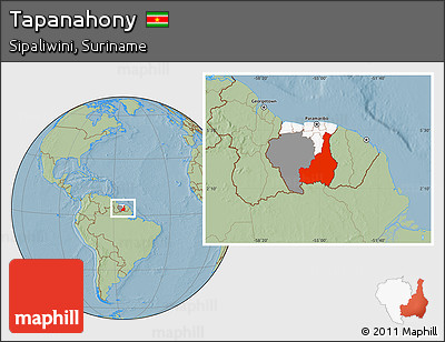 Savanna Style Location Map of Tapanahony, highlighted country, highlighted parent region, hill shading