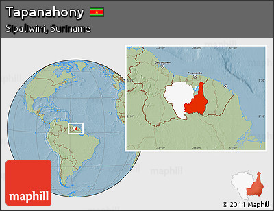 Savanna Style Location Map of Tapanahony, highlighted parent region, hill shading