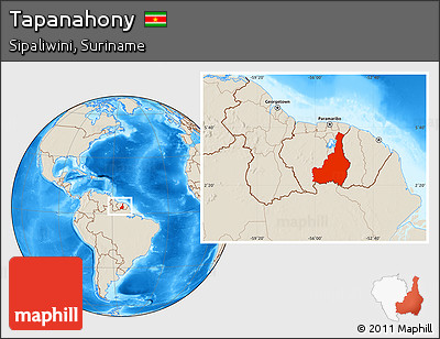 Shaded Relief Location Map of Tapanahony, within the entire country
