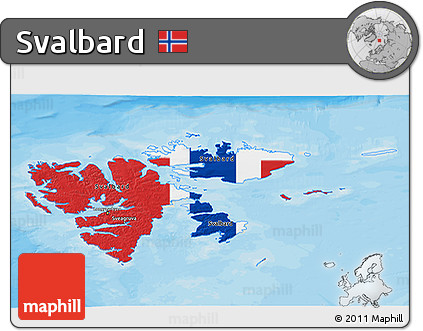 Flag 3D Map of Svalbard, shaded relief outside, bathymetry sea, flag aligned to the middle