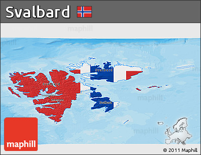 Flag 3D Map of Svalbard, shaded relief outside, bathymetry sea, flag aligned to the middle