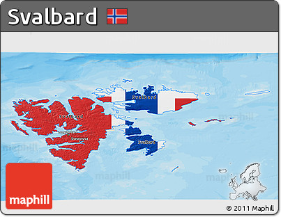 Flag 3D Map of Svalbard, shaded relief outside, bathymetry sea, flag aligned to the middle