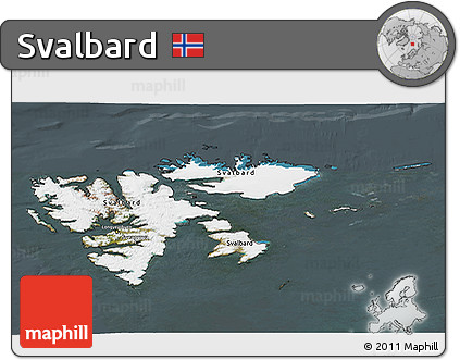 Satellite 3D Map of Svalbard, darken, semi-desaturated