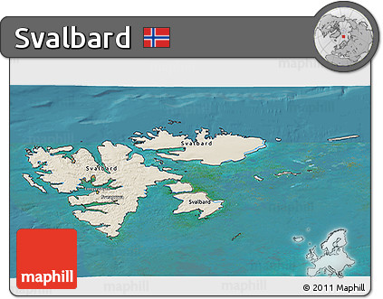 Shaded Relief 3D Map of Svalbard, single color outside, satellite sea