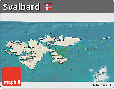 Shaded Relief 3D Map of Svalbard, single color outside, satellite sea