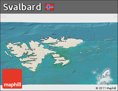 Shaded Relief 3D Map of Svalbard, single color outside, satellite sea