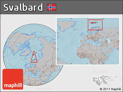 Gray Location Map of Svalbard, within the entire continent, hill shading
