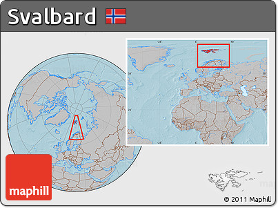 Gray Location Map of Svalbard, within the entire continent, hill shading
