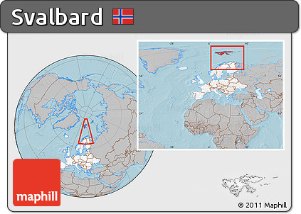Gray Location Map of Svalbard, highlighted continent, within the entire continent, hill shading