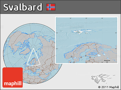 Satellite Location Map of Svalbard, gray outside, hill shading