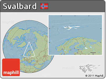 Satellite Location Map of Svalbard, savanna style outside, hill shading
