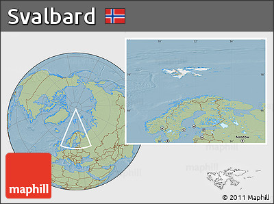 Satellite Location Map of Svalbard, savanna style outside, hill shading