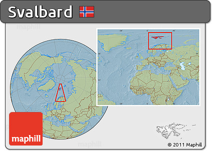 Savanna Style Location Map of Svalbard, within the entire continent, hill shading