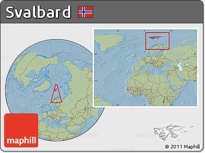 Savanna Style Location Map of Svalbard, within the entire continent, hill shading