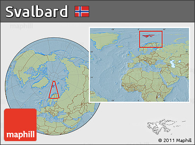 Savanna Style Location Map of Svalbard, within the entire continent, hill shading