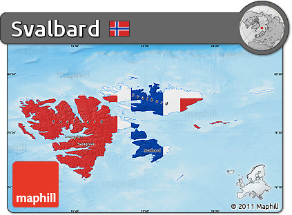 Flag Map of Svalbard, single color outside, shaded relief sea, flag aligned to the middle
