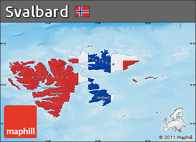 Flag Map of Svalbard, single color outside, shaded relief sea, flag aligned to the middle