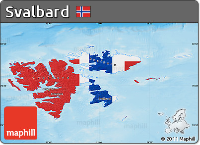 Flag Map of Svalbard, single color outside, shaded relief sea, flag aligned to the middle