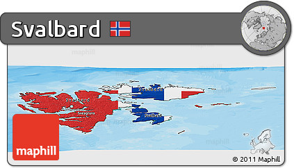Flag Panoramic Map of Svalbard, satellite outside, bathymetry sea, flag aligned to the middle