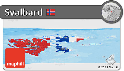 Flag Panoramic Map of Svalbard, shaded relief outside, bathymetry sea, flag aligned to the middle