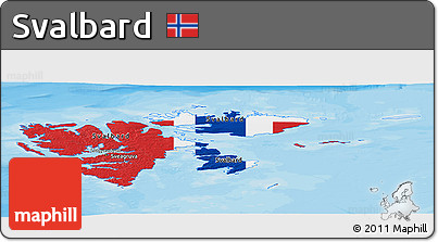 Flag Panoramic Map of Svalbard, shaded relief outside, bathymetry sea, flag aligned to the middle